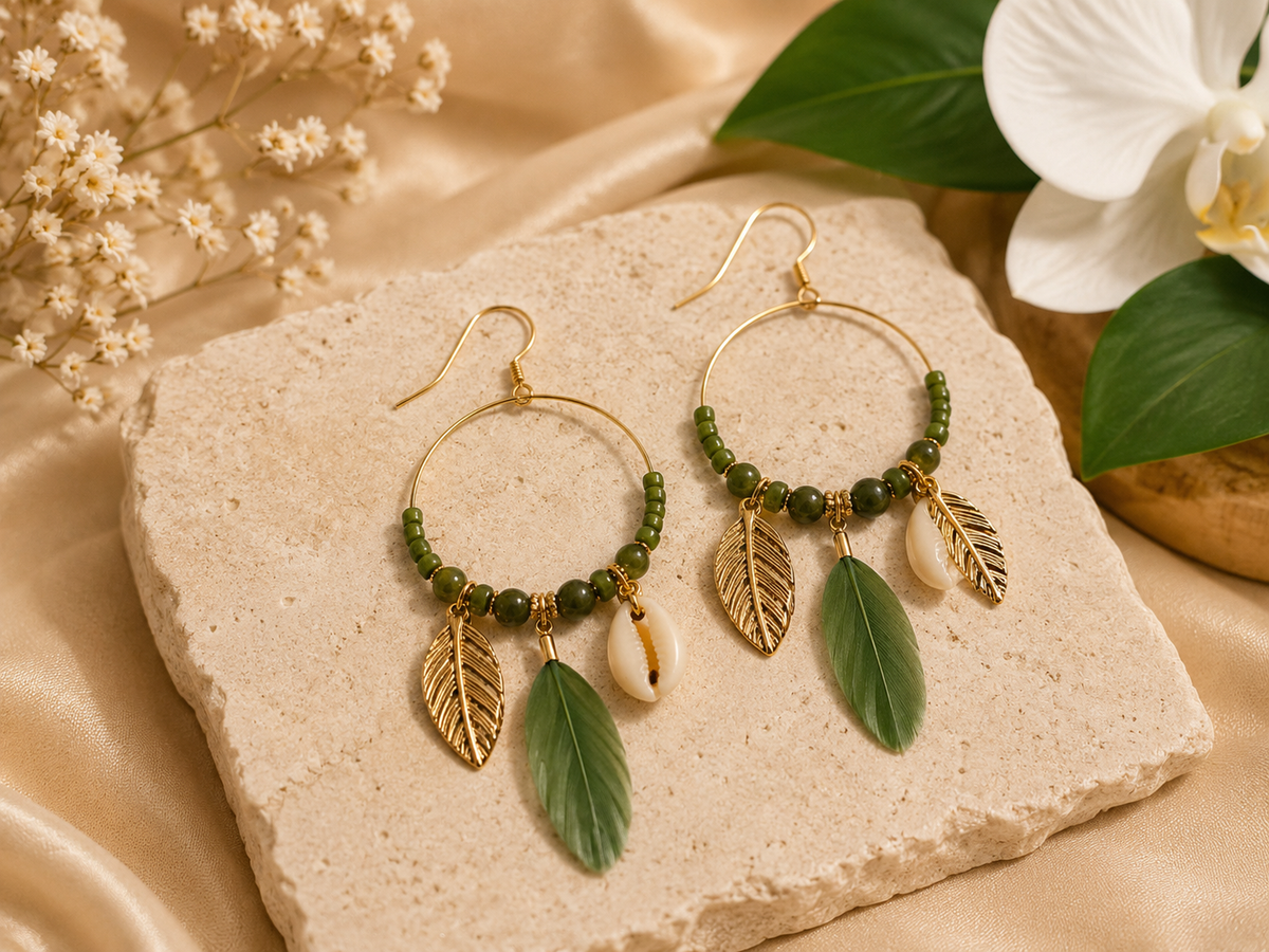 Bohemian Feather & Shell Hoop Earrings