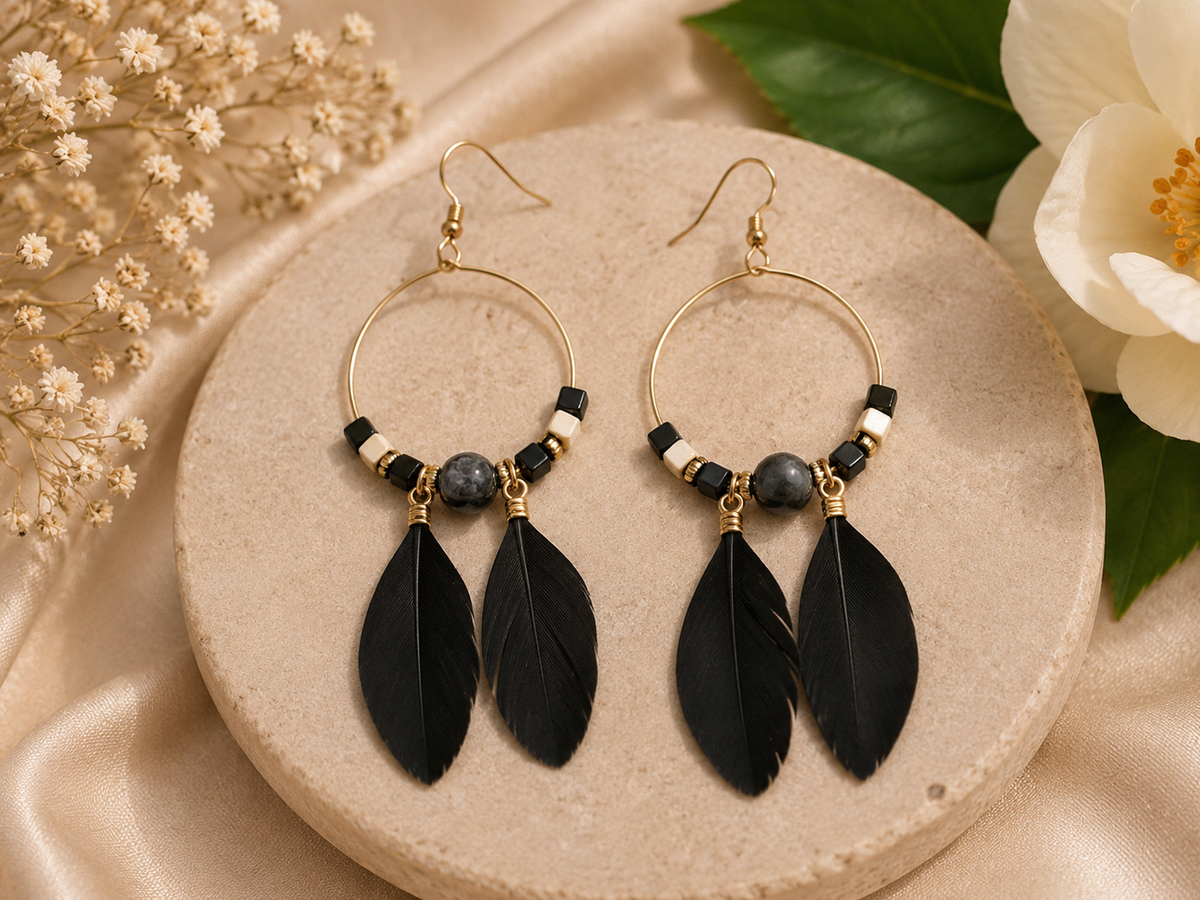 Midnight Feather Boho Hoop Earrings