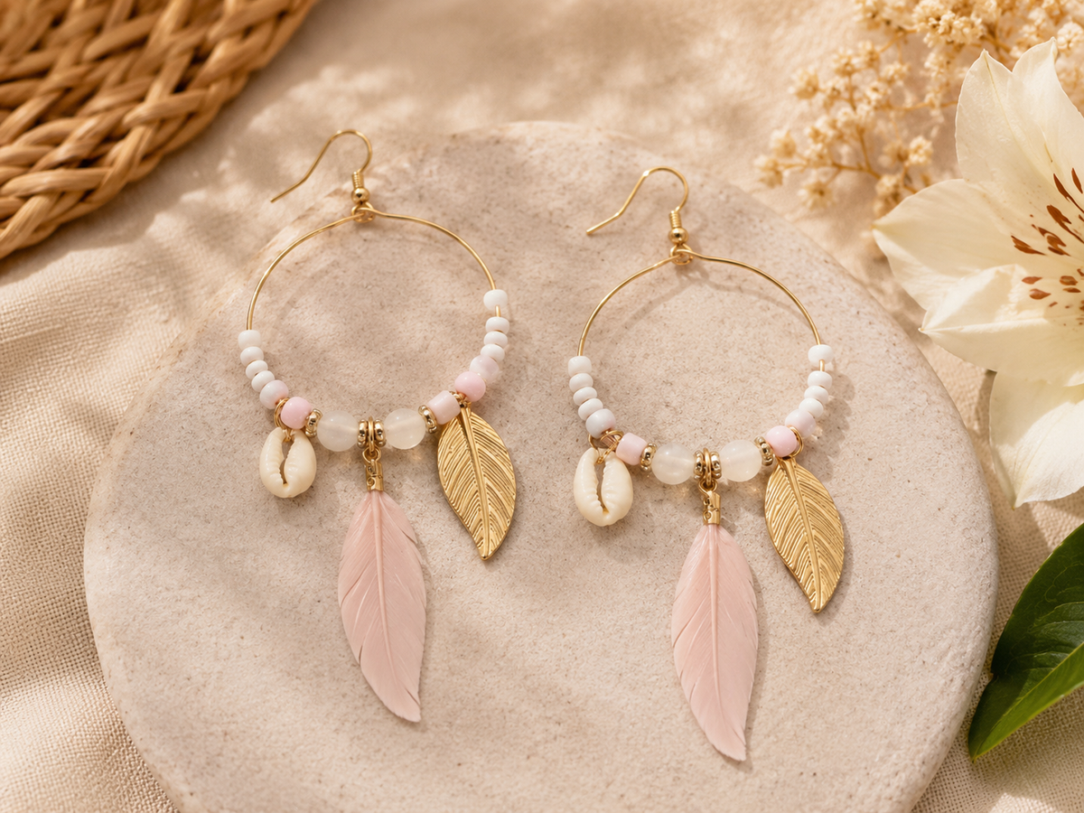 Blush Feather & Shell Boho Hoop Earrings