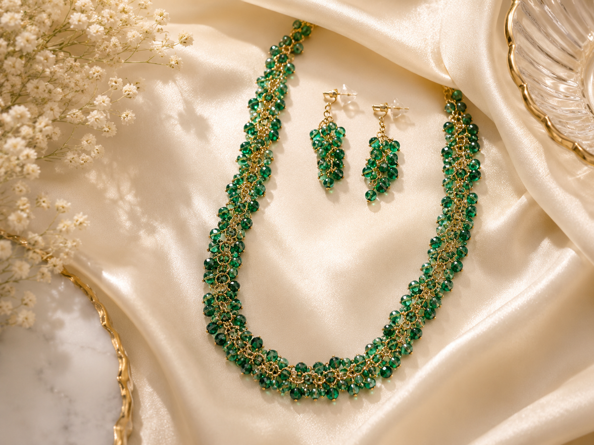 Emerald Bloom Statement Necklace & Earring Set