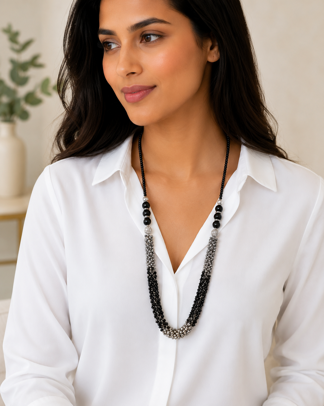Silver & Black Elegance Long Beaded Necklace