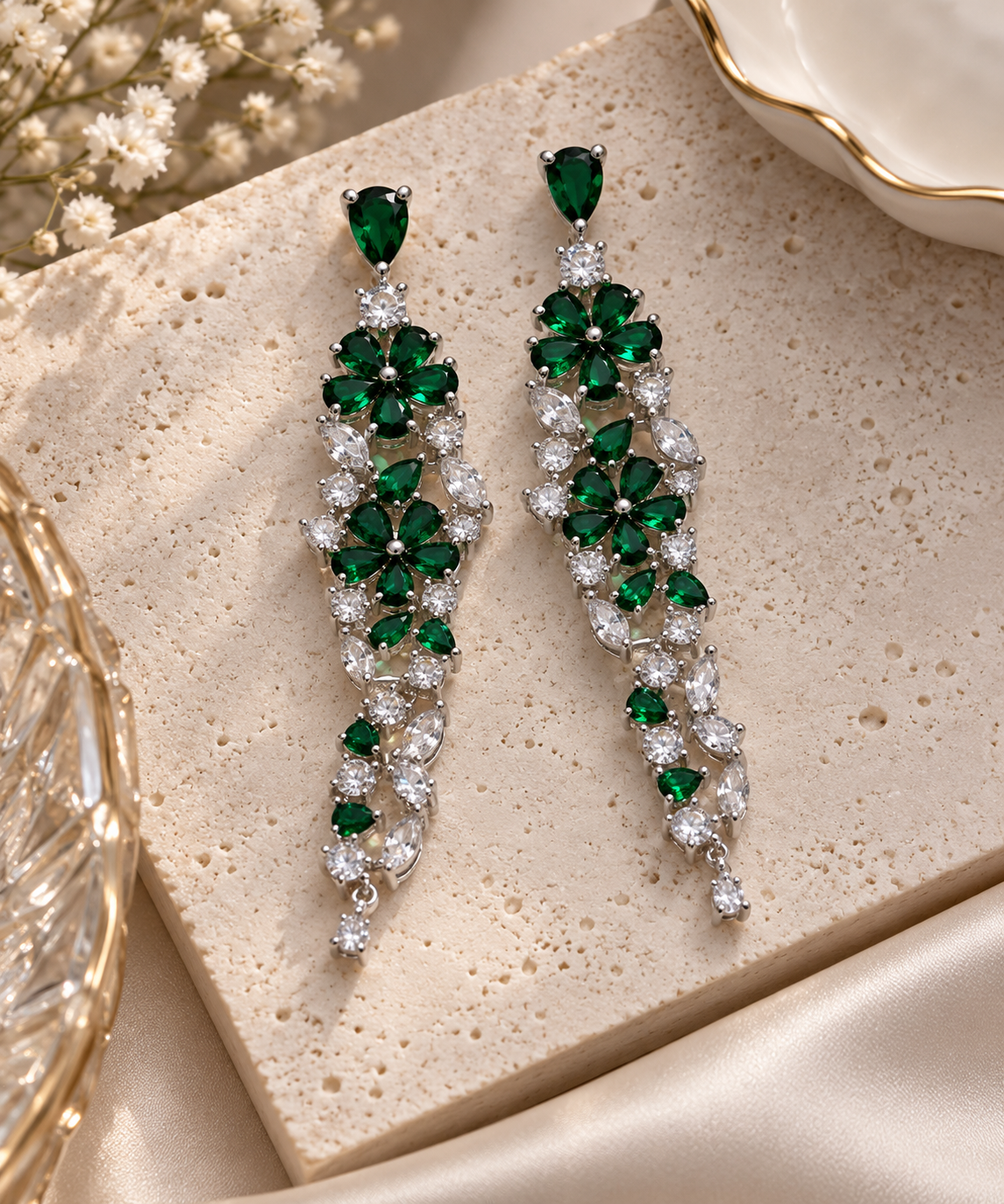 Emerald Bloom Crystal Drop Earrings